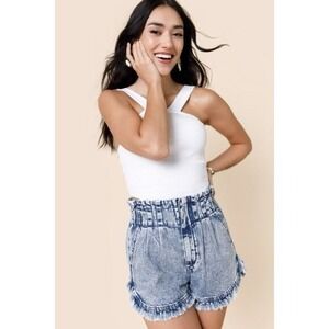 Tgla Paper Bag High Rise Acid Wash Frayed Hem Cotton Jean Shorts